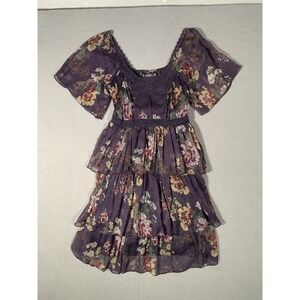 THE PYRAMID COLLECTION Purple Floral‎ Layered tiered Ruffle  Dress XS